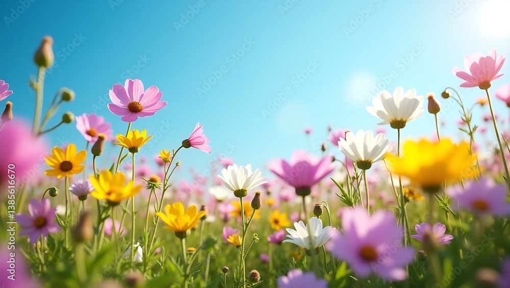 A vibrant field of wildflowers in full bloom under a clear blue sky, showcasing pink, white, yellow, and purple blooms, with sunlight enhancing their vivid colors and natural beauty. A vibrant field of wildflowers in full bloom under a clear blue sky, showcasing pink, white, yellow, and purple blooms, with sunlight enhancing their vivid colors and natural beauty.