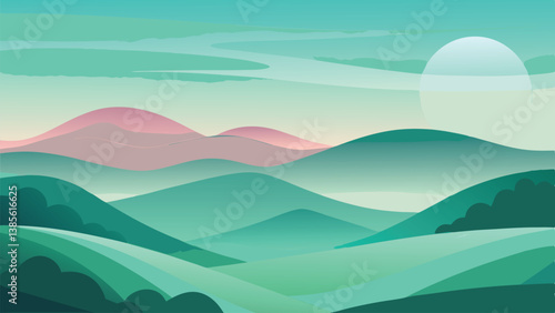 Desert landscape, vast sand dunes, golden sunset, orange sky, large sun, mountainous horizon, warm colors, stylized illustration, vector art, minimalist design, tranquil scene, barren wilderness, roll