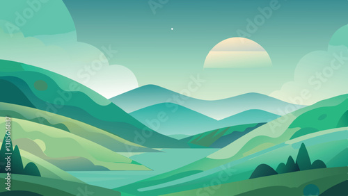 Desert landscape, vast sand dunes, golden sunset, orange sky, large sun, mountainous horizon, warm colors, stylized illustration, vector art, minimalist design, tranquil scene, barren wilderness, roll