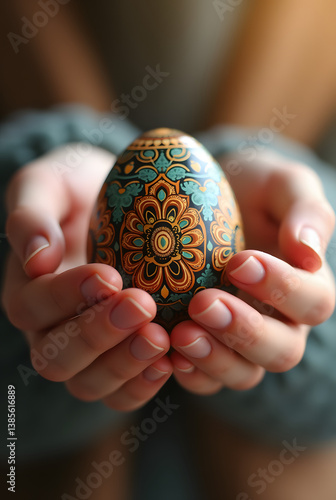 Wallpaper Mural hands holding painted easter egg in turquoise and orange colors soft focus Torontodigital.ca