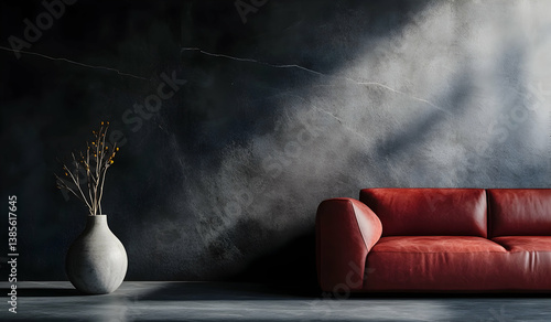 Red leather sofa and vase on a dark gray background, interior design of a modern home office, living room, or bedroom with a minimalistic style, front view.