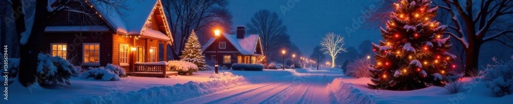 Fototapeta premium Snow-covered landscape with Christmas lights and decorations at night, festive atmosphere, lighted trees snowfall, holiday season