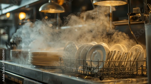 Professional Restaurant Dishwasher Station with Drying Plates Surrounded by Steam in a Modern Kitchen Environment for Culinary Projects and Food Service Imagery