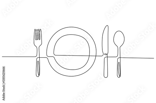 Continuous one line drawing of fork, plate, knife and spoon. Single line drawing illustration Cutlery set. Hotel and Restaurant concept vector art. Line vector illustration.
