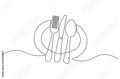 Continuous one line drawing of fork, plate, knife and spoon. Single line drawing illustration Cutlery set. Hotel and Restaurant concept vector art. Line vector illustration.