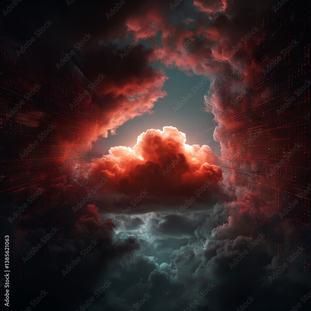 Fototapeta premium A dramatic view of red and gray clouds with a bright opening in the center of the sky above them all