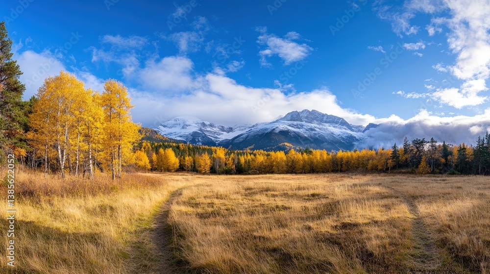 A scenic landscape featuring autumn foliage, golden trees, and snow-capped mountains under a blue sky with clouds. A scenic landscape featuring autumn foliage, golden trees, and snow-capped mountains under a blue sky with clouds.