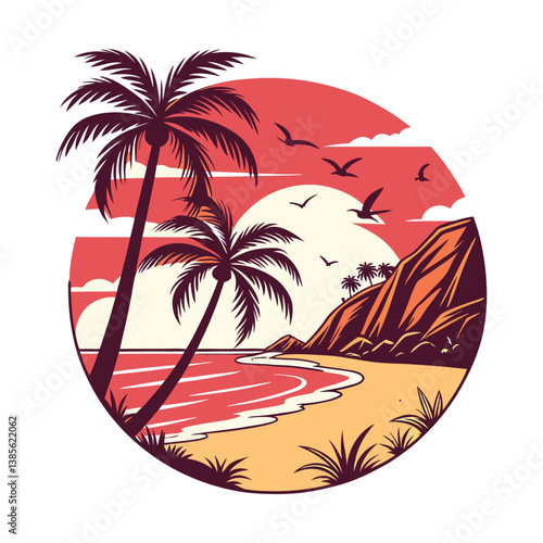 Tropical Sunset Beach in Circle Frame