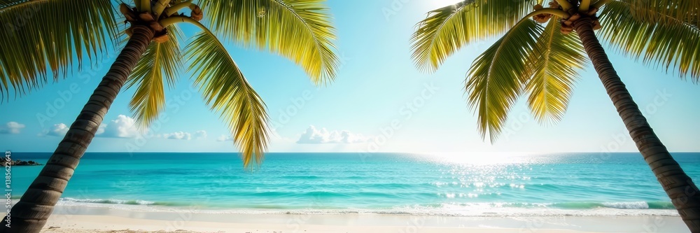 Fototapeta premium Palm trees framing serene seascape of Mexican beach, view, seascape