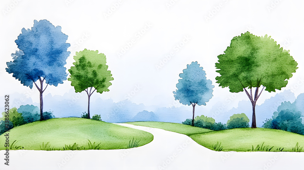 Obraz premium Watercolor painting of forest road landscape