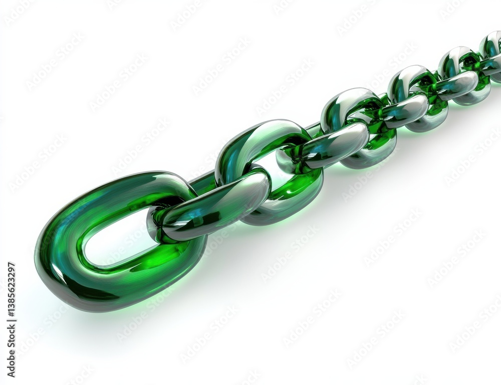 Colorful green glass chain links connected in a linear arrangement on a white background Colorful green glass chain links connected in a linear arrangement on a white background