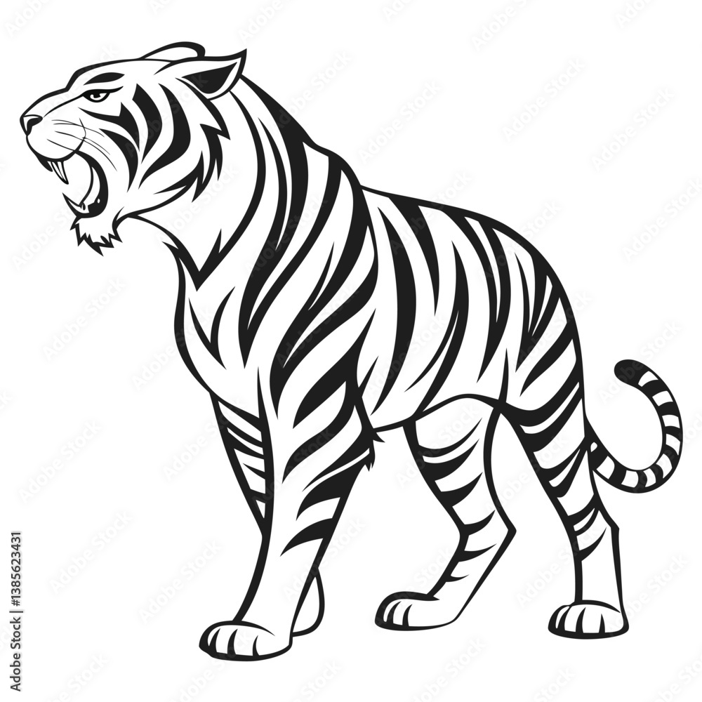 Naklejka premium tribal tiger, geometric pattern, black and white illustration, stylized animal art, roaring feline, bold lines, diamond shapes, symmetrical design, monochrome, abstract big cat, native art influence, 