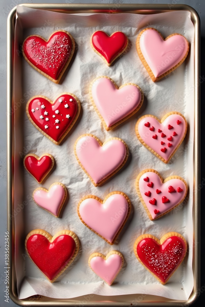 Obraz premium Overhead view of heart-shaped Valentine's Day cookies on a baking sheet, festive, kitchen