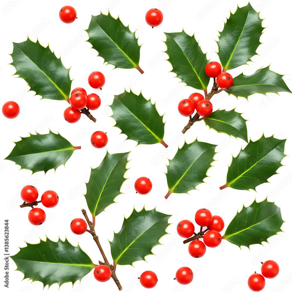 Obraz premium Christmas Holly Leaves and Red Berries On Transparent Background