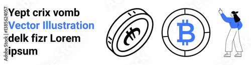 Bitcoin coin with blockchain design beside a person gesturing towards digital finance. Ideal for fintech, blockchain, cryptocurrency, investment, e-commerce, innovation, simple landing page