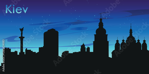 Black silhouette of the Kiev, Ukraine skyline against the background of a dark blue sky with clouds