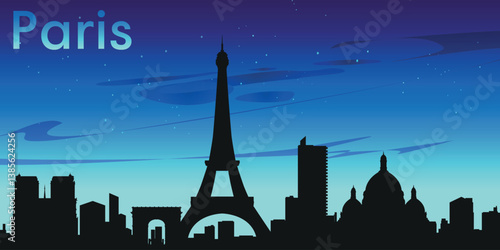 Black silhouette of the Paris skyline against the background of a dark blue sky with clouds	