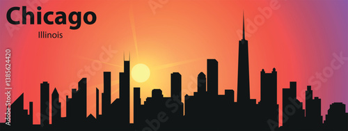 the black silhouette of the city of Chicago, Illinois against the backdrop of a picturesque sunset