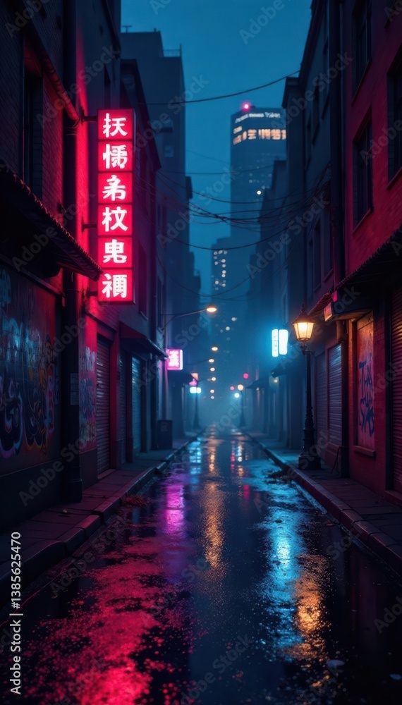 Fototapeta premium Dark gritty cityscape with neon lights and graffiti, cityscapes, ink effect, nightlife