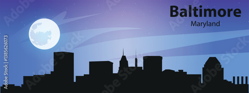 Black silhouette of the Baltimore, Maryland skyline against the starry sky and big moon