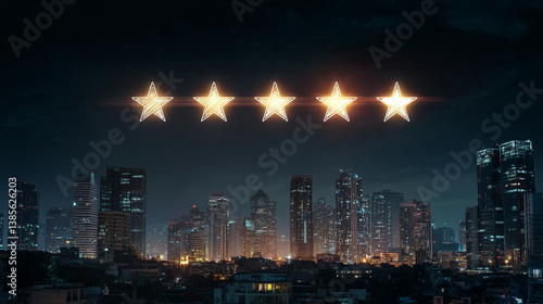 Wallpaper Mural Five glowing stars above a city skyline at night with illuminated buildings and dark sky background Torontodigital.ca