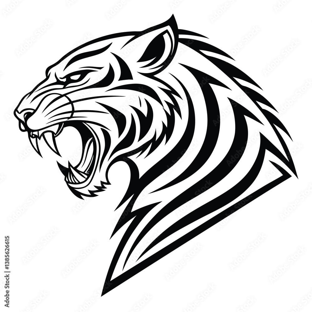 Obraz premium tribal tiger, geometric pattern, black and white illustration, stylized animal art, roaring feline, bold lines, diamond shapes, symmetrical design, monochrome, abstract big cat, native art influence, 