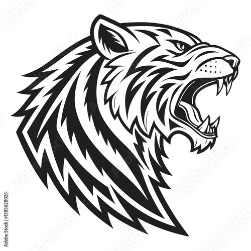 Wallpaper Mural tribal tiger, geometric pattern, black and white illustration, stylized animal art, roaring feline, bold lines, diamond shapes, symmetrical design, monochrome, abstract big cat, native art influence,  Torontodigital.ca