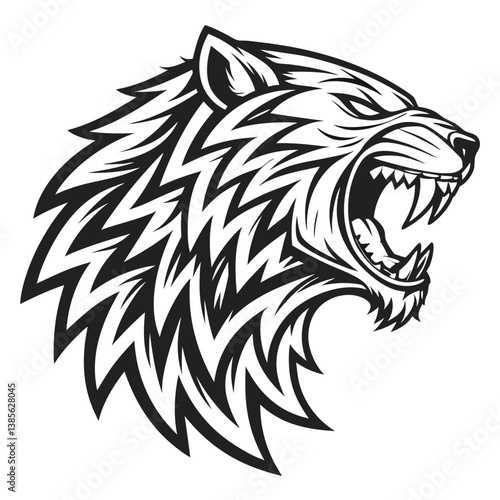 tribal tiger, geometric pattern, black and white illustration, stylized animal art, roaring feline, bold lines, diamond shapes, symmetrical design, monochrome, abstract big cat, native art influence, 