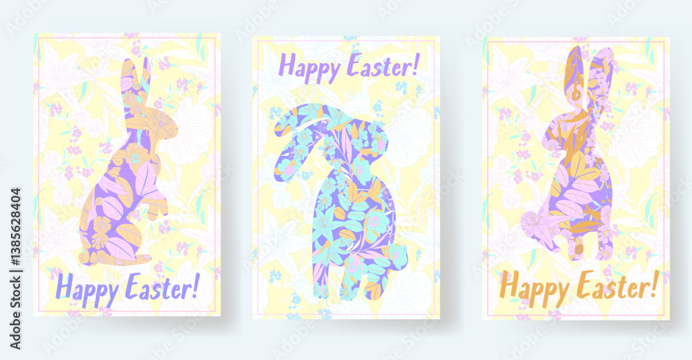 Happy Easter vector set of cards with bunny, flowers and botanical elements, with the phrase Happy Easter vector set of cards with bunny, flowers and botanical elements, with the phrase