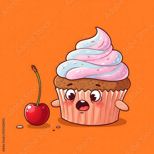 Surprised Cartoon Cupcake with Cherry.