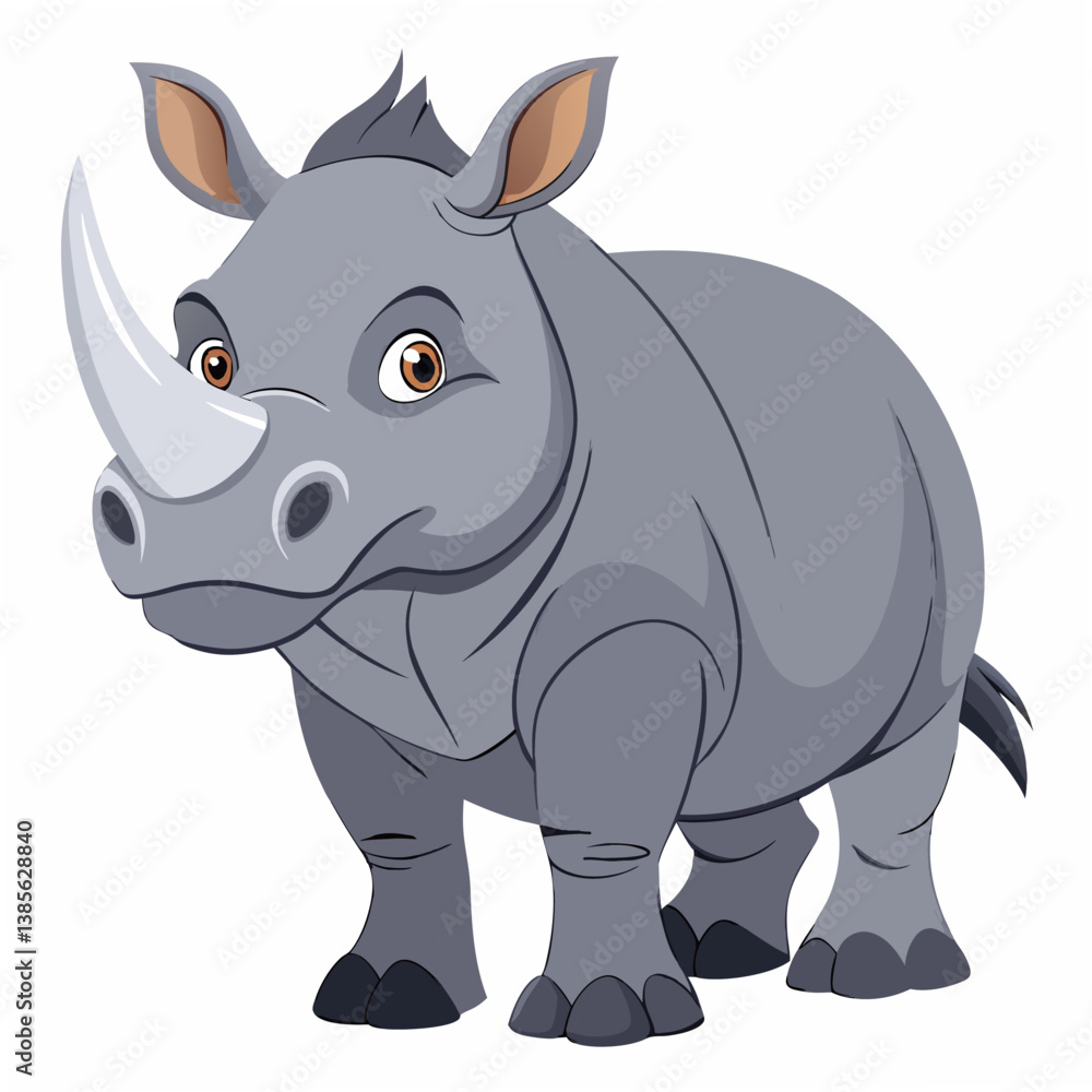 Fototapeta premium Realistic grey rhino .Cute cartoon animal rhinoceros.Suitable for children's books, sticker, mascot, logo. Isolated vector illustration on white background.