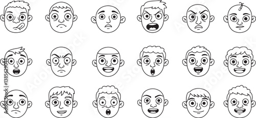 Cartoon faces with different expressions vector illustration for character design set line art style