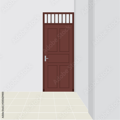 Classic brown door in a room with gray walls.