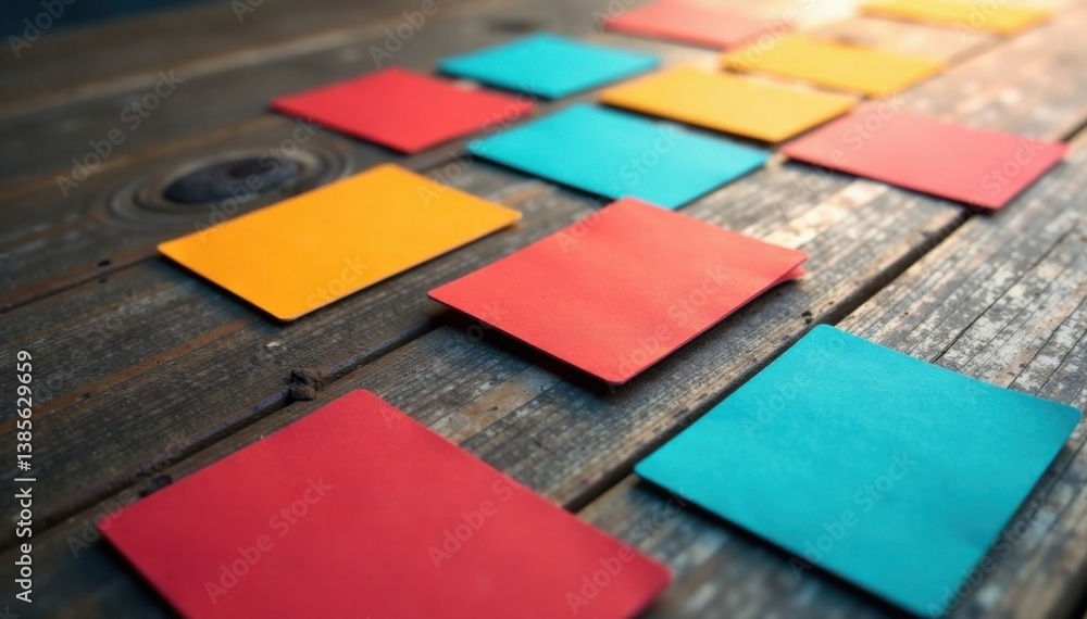 Fototapeta premium Colorful business cards scattered on a wooden table , vibrant colors, modern decor, office supplies