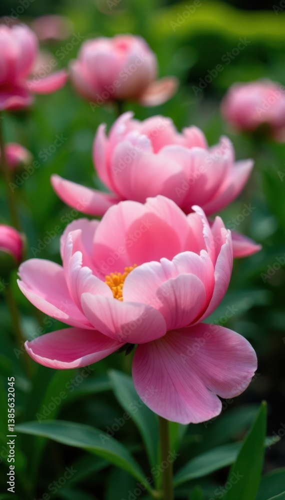 Fototapeta premium Delicate pink peonies unfurl in a lush garden setting, soft petals cascading towards the ground , floral, soft focus
