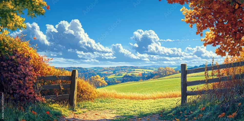 Naklejka premium A picturesque landscape featuring rolling hills, vibrant autumn foliage, fluffy clouds, and a wooden gate opening to a serene view.