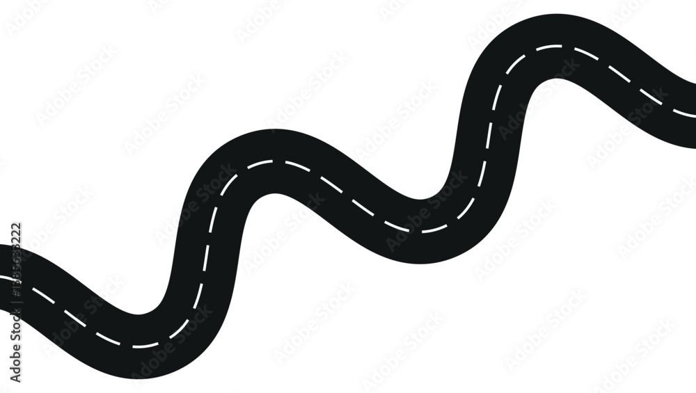 Fototapeta premium Curved black winding road with dashed white lines on plain background, simple and flat illustration 