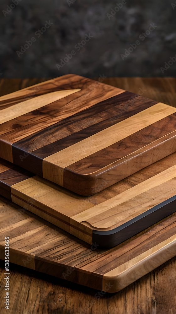 Fototapeta premium Wooden Chopping Boards: An exquisite arrangement of wooden cutting boards showcasing the natural beauty and craftsmanship of each unique design, captured in a still life with meticulous detail.
