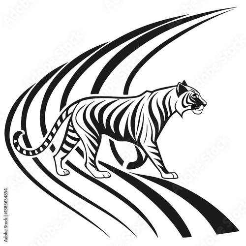 Wallpaper Mural tribal tiger, geometric pattern, black and white illustration, stylized animal art, roaring feline, bold lines, diamond shapes, symmetrical design, monochrome, abstract big cat, native art influence,  Torontodigital.ca