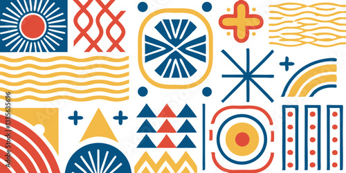 A colorful and abstract design with a sun and a star. The design is a mix of different shapes and colors, and it gives off a feeling of creativity and fun