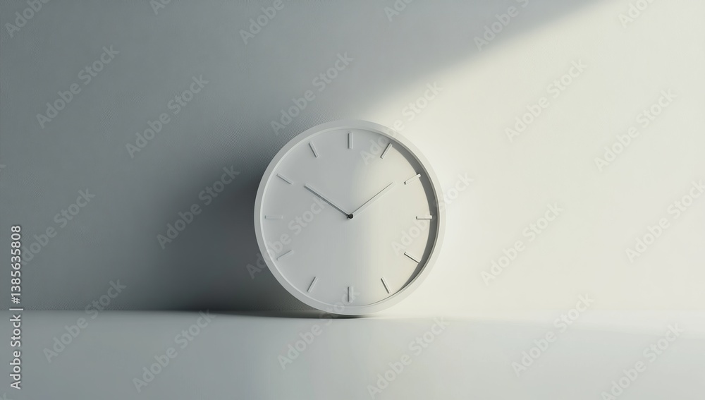Modern white clock on a white wall, minimalist design, sunlight, time Modern white clock on a white wall, minimalist design, sunlight, time