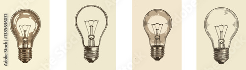 Vintage light bulbs illustration set antique edison style drawing energy saving lighting design concept