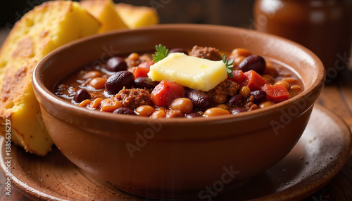 Savory bowl of chili topped with butter and served with cornbread for comfort food, hearty chili, and classic meal pairings