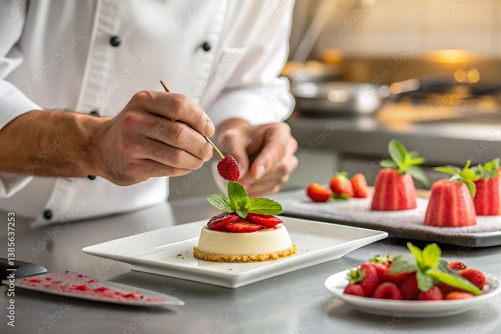 Chef preparing elegant strawberry dessert culinary art Chef preparing elegant strawberry dessert culinary art