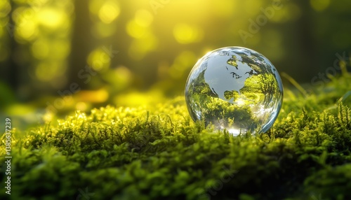Glass Globe Resting On Lush Green Moss Outdoors Promoting Environmental Awareness And Conservation Efforts In Nature.