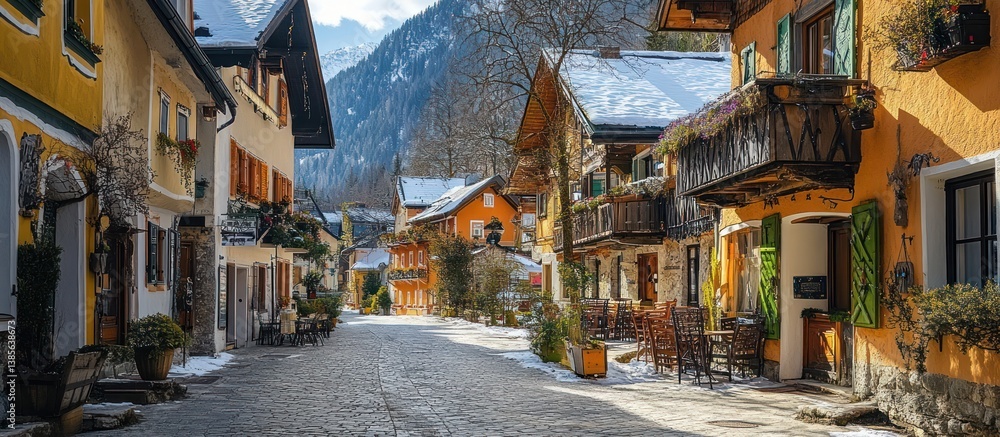 Fototapeta premium Snowy Alpine village street, mountain backdrop, winter tourism