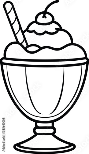 Black and White Ice Cream Sundae with Cherry and Striped Straw Line Art Icon