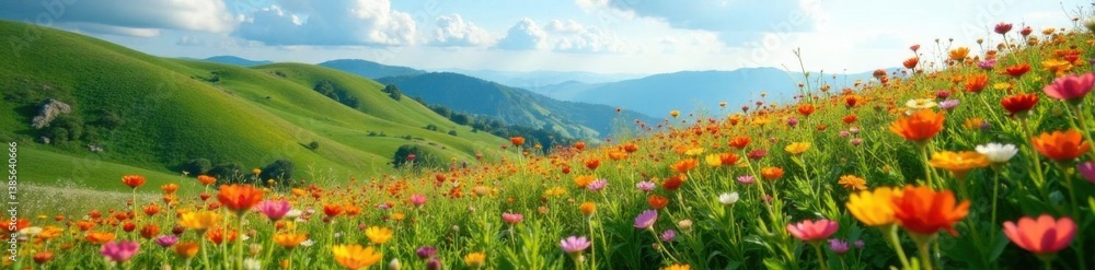 Vibrant wildflowers carpeting a rolling hillside, flowers in bloom, blooming flowers, landscape Vibrant wildflowers carpeting a rolling hillside, flowers in bloom, blooming flowers, landscape