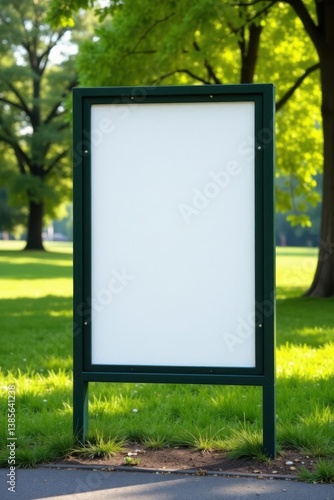 Realistic outdoor poster mockup on park fence , trees, landscape