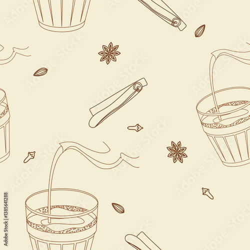 Editable Outline Style Vector Illustration Seamless Pattern of Pouring Indian Masala Chai into Glass Mug with Assorted Herb Spices for South Asian Culture and Tradition Beverages Background